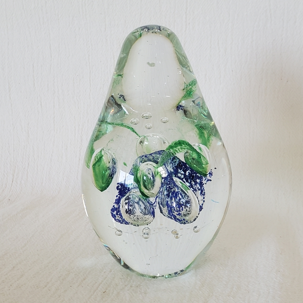Large Heavy Gorgeous Blown Glass Paperweight Controlled Bubbles Clear Blue Green